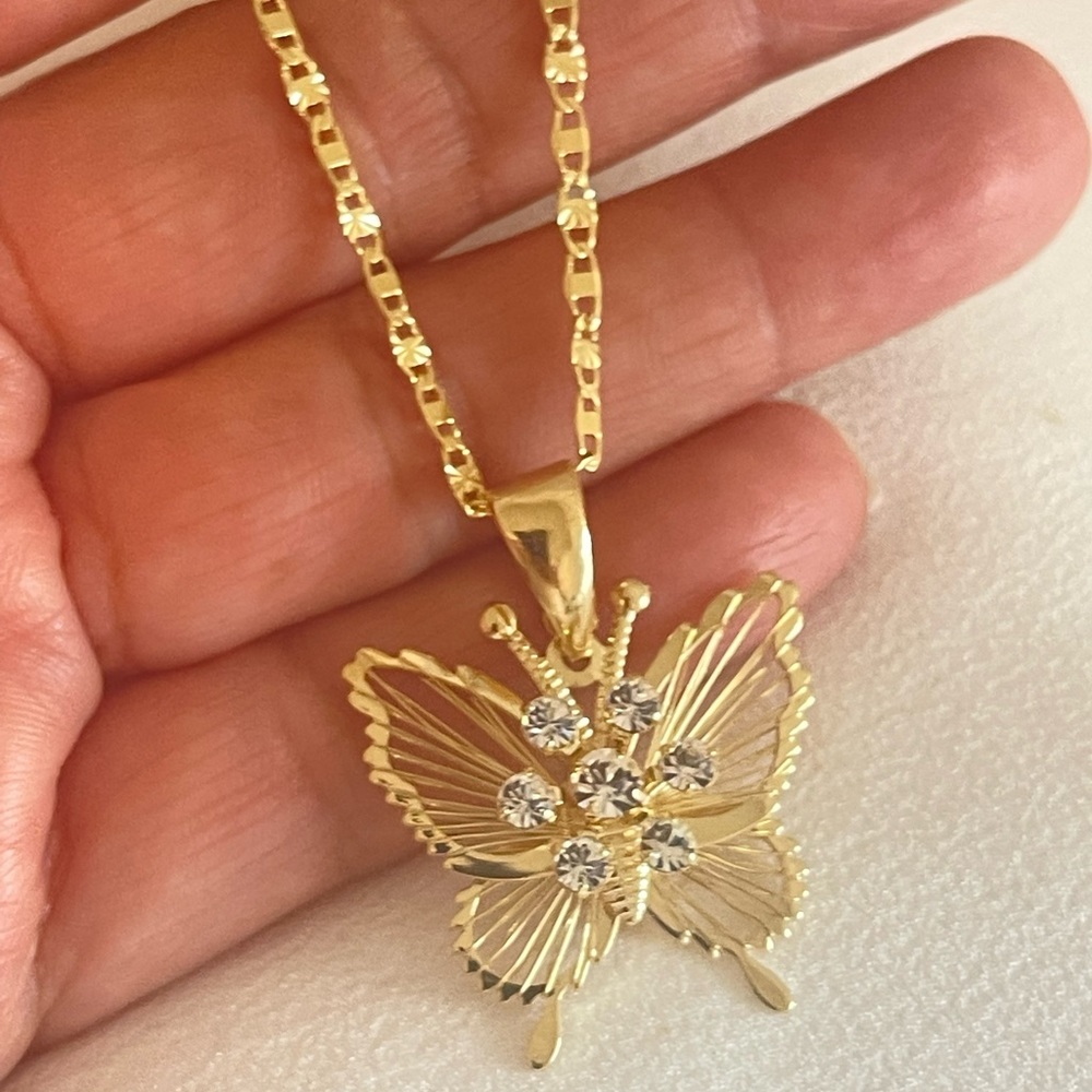 Gold Butterfly Pendant Necklace with Crystal Accents - Women Jewelry